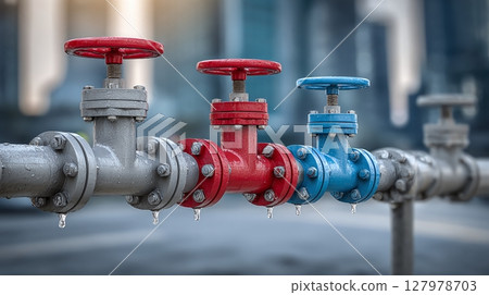 Pipes with colorful valve wheels: gray, red, blue. Industrial pipeline system with water droplets, symbolizing control, regulation, and plumbing functionality. 127978703