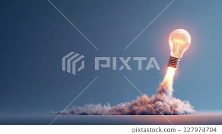 A lightbulb taking off like a rocket, symbolizing innovative ideas, creativity and progress, with a powerful thrust against a blue backdrop. 127978704