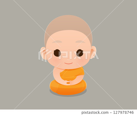 Cute little monk meditating peacefully with a bright and calm heart. Cute little monk meditating peacefully with a bright and calm heart. 127978746