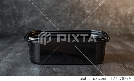 Black plastic food container on wooden table against concrete wall, takeout packaging concept 127978759