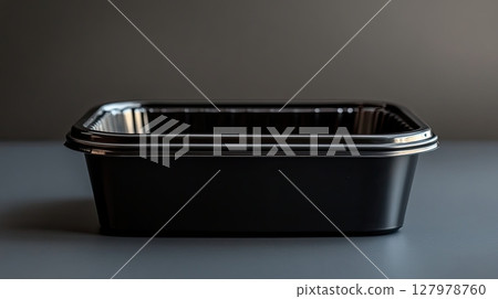 Black plastic takeout container with clear lid, empty food packaging on dark surface 127978760