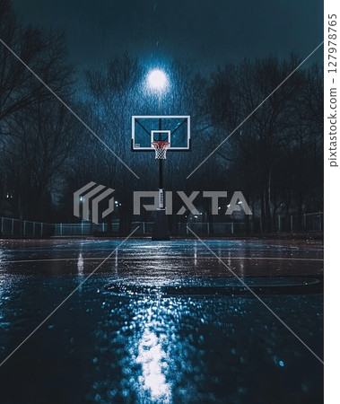 basketball hoop and court lit by dramatic blue lights in foggy ambiance 127978765