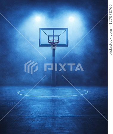 Empty basketball court under blue spotlight with hoop and backboard in center 127978766