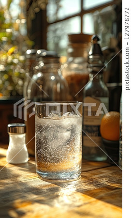 Close-up of fizzy drink with ice cubes glowing in natural light Close-up of fizzy drink with ice cubes glowing in natural light 127978772