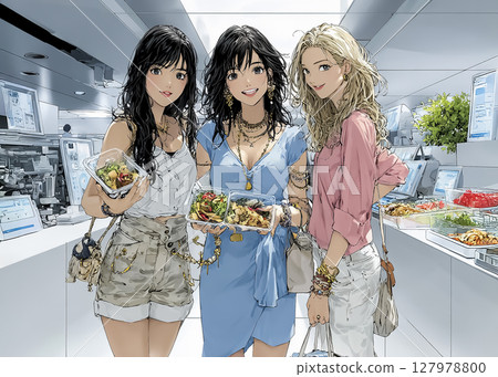 一位女士正在享用一頓飯的插圖素材 127978800