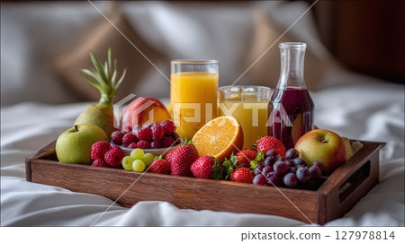 Bedside fruit and juice tray. Fresh and colorful assortment of fruits with orange and assorted fruit juice.  Healthy and delicious breakfast. 127978814
