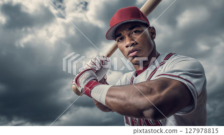 Determined baseball player with bat against dramatic sky. Intense stare shows focus on the game. Poised for action, ready to hit the next pitch. 127978815