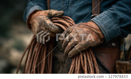Leather-gloved hands hold a coiled rope, symbolizing ranch work and outdoor lifestyle. Vintage attire adds a rustic touch. 127978833