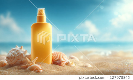 Sun Protection: A yellow bottle stands on sandy beach with seashells, set against a serene blue sky and ocean, embodying summer skincare. Sun Protection: A yellow bottle stands on sandy beach with seashells, set against a serene blue sky and ocean, embodying summer skincare. 127978845