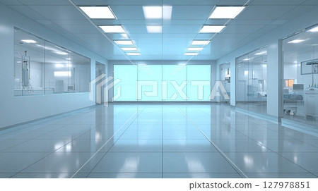 Clean, well-lit medical facility hallway with reflective tiled floor. Glass-walled rooms on either side, bright interior and empty center space showcase modern design. 127978851