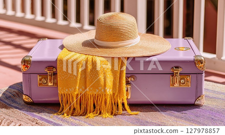 Stylish travel essentials: A straw hat and patterned yellow scarf rest on a chic lavender suitcase, evoking a sense of adventure and summer vibes. 127978857