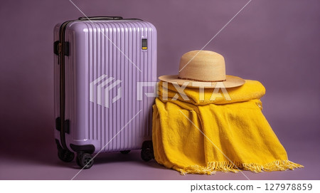 Vacation essentials: A light purple suitcase, a stack of yellow blankets, and a straw hat sit ready for a trip against a violet backdrop. 127978859