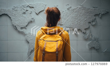 Woman with backpack contemplates world map. Back view of tourist or student with travel gear, planning adventures. Exploring new places, learning geography 127978869