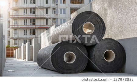 Rolls of roofing felt sit in front of a construction site, ready for use. 127978882