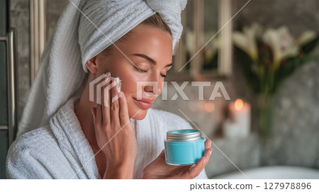 Woman applying face cream for skincare routine. Pampering time with beauty products after a relaxing bath for wellness. Self-care is essential. Woman applying face cream for skincare routine. Pampering time with beauty products after a relaxing bath for wellness. Self-care is essential. 127978896