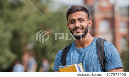 Smiling student on campus with backpack and books. Confident and ready for education, he embodies the spirit of learning in a vibrant university setting. Smiling student on campus with backpack and books. Confident and ready for education, he embodies the spirit of learning in a vibrant university setting. 127978906