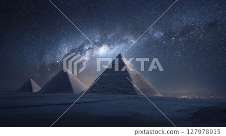 Ancient pyramids stand tall beneath a starlit sky, blending history with the cosmos. A serene night scene evoking mystery & wonder. 127978915