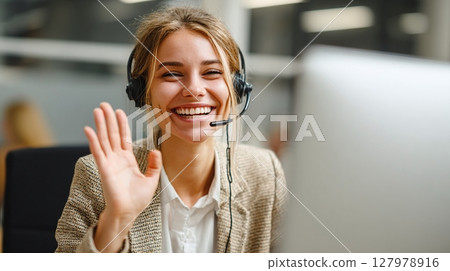 Friendly support staff greets customer. Professional service is provided with enthusiasm. Attentive, smiling support staff ready for client support. 127978916