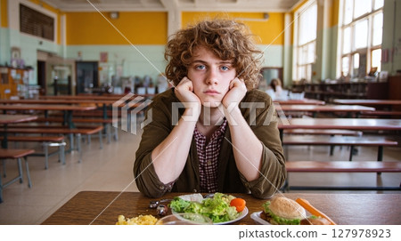 Melancholy teen with curly hair sits alone in a cafeteria, gazing vacantly at his untouched lunch. He rests his face in his hands, a picture of despondency. 127978923