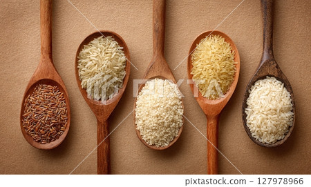Varieties of Rice in Wooden Spoons. A display of rice from different types to present the grains in their natural setting. An array of natural rice. 127978966