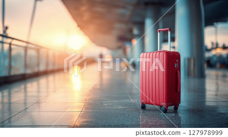 Traveling light with a sleek red suitcase at sunset. Ready to go, embracing new adventures and memories in the making. 127978999