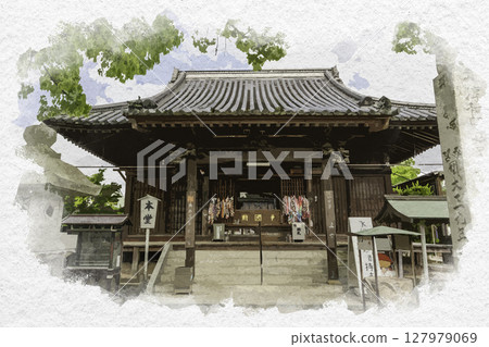 Watercolor painting style, 83rd of the 88 Shikoku Temples, Ichinomiyaji Temple, Main Hall, Takamatsu City, Kagawa Prefecture 127979069