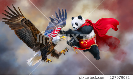 Bald eagle and panda engage in a symbolic battle representing US China rivalry and cultural differences 127979081
