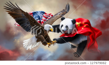 Bald eagle and panda in a symbolic struggle representing America and China 127979082