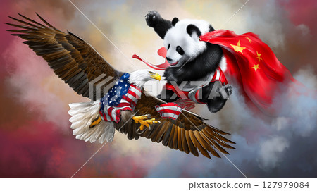 Bald eagle and panda clash in a dynamic representation of American and Chinese symbolism 127979084