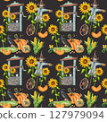 Seamless autumn harvest pattern with pumpkins, zucchini, cabbage, corn, sunflower, leaves. Farm products healthy vegetables, gardening. Hand drawing background for wrapping paper, textiles, design 127979094
