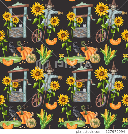 Seamless autumn harvest pattern with pumpkins, zucchini, cabbage, corn, sunflower, leaves. Farm products healthy vegetables, gardening. Hand drawing background for wrapping paper, textiles, design 127979094