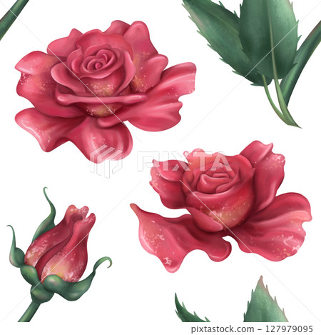 Seamless pattern with burgundy red blooming vintage roses with green petals and buds. Romance and beauty. Elegant Victorian decorations, background 127979095