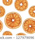 Seamless pattern with bright fruits, oranges and leaves. Sweet healthy dessert, cooking ingredients, juice. Decorations for a festive table, a summer party. Hand-drawn illustrations, background 127979096