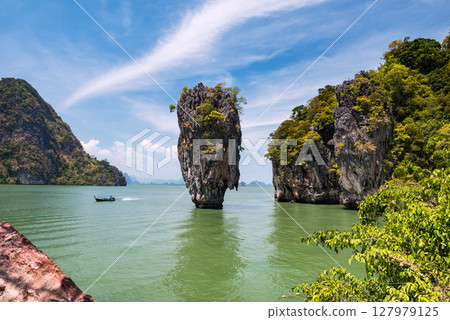 Tourist boat sailing by James Bond , Koh Tapu, nail island, Phang Nga 127979125