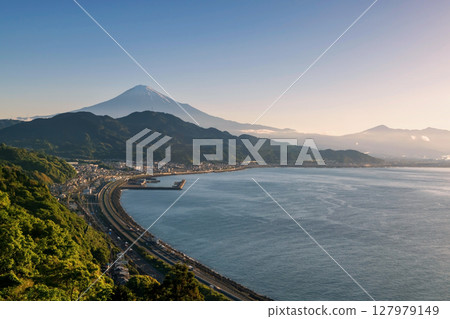 Mount Fuji and curve street by bay seen by Satta Toge pass, Shimizu 127979149