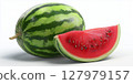 Watermelon and small piece of watermelon slice isolated on white background. 127979157