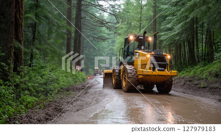 Bulldozer stuck in mud on a forest road during rainy weather in a Pacific Northwest woodland area 127979183