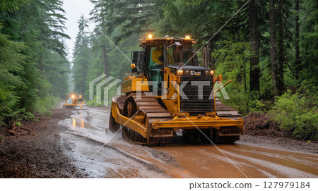 Bulldozer working through muddy terrain in wooded area during rain 127979184