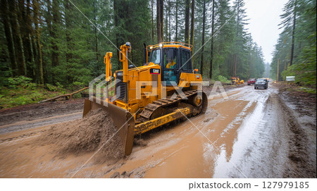 Bulldozer stuck in mud during road construction in a forest area on a rainy day 127979185