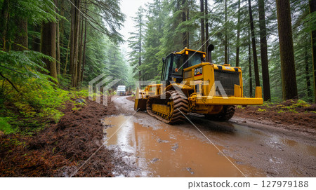 Bulldozer stuck in muddy road surrounded by tall trees in a misty forest setting during rain 127979188