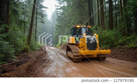 Bulldozer stuck in mud on a forest road during a foggy day in a remote area 127979190