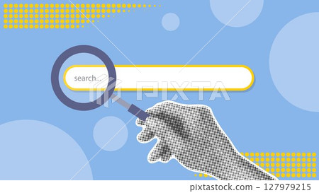 Hand points magnifying glass at search line on website 127979215
