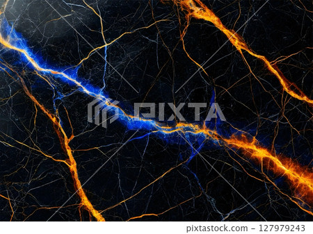 mystery dark marble base of black obsidian with veins in electric blue and fiery amber 127979243