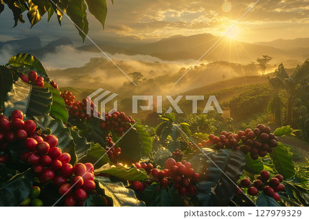 Scenic sunrise over a coffee plantation in the mountains, ripe red coffee cherries on branches with golden sunlight 127979329