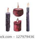 Set Witch's magical red and violet wax candle flame isolated on white background. Watercolor hand drawn dark fantasy sketch illustration. Art design mystical halloween witch decoration greeting card 127979436