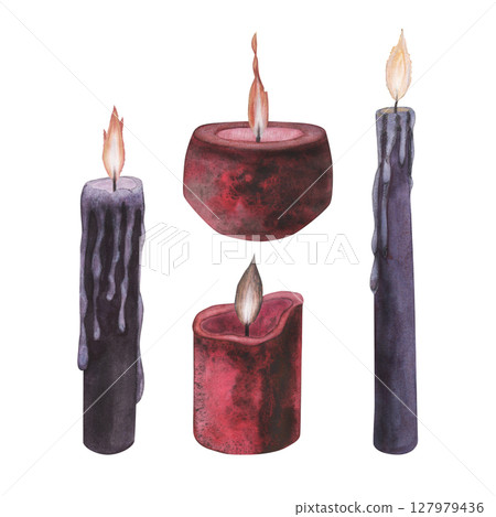 Set Witch's magical red and violet wax candle flame isolated on white background. Watercolor hand drawn dark fantasy sketch illustration. Art design mystical halloween witch decoration greeting card Set Witch's magical red and violet wax candle flame isolated on white background. Watercolor hand drawn dark fantasy sketch illustration. Art design mystical halloween witch decoration greeting card 127979436
