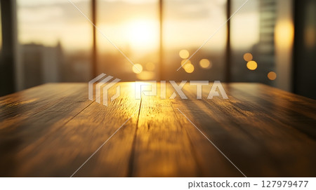 golden hour wooden table by window 127979477
