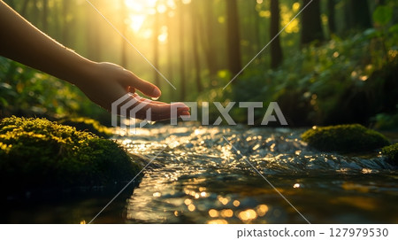 hand touching a stream in a forest at sunset 127979530