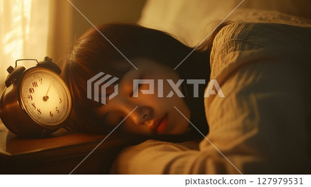 young woman sleeping peacefully next to vintage alarm clock 127979531