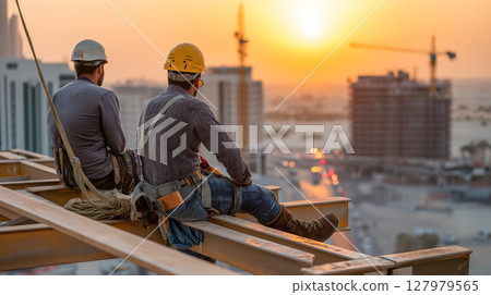 Construction workers engage in tasks on an industrial building 127979565